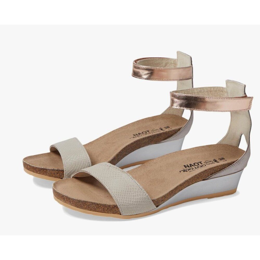 Naot Pixie Womens Sandals EU 40 US 9 Beige Leather Wedge Heels Ankle-Strap NWOB